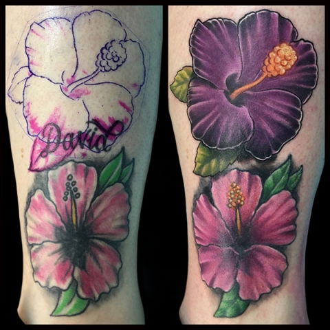 hibiscus flower coverup and rework tattoo