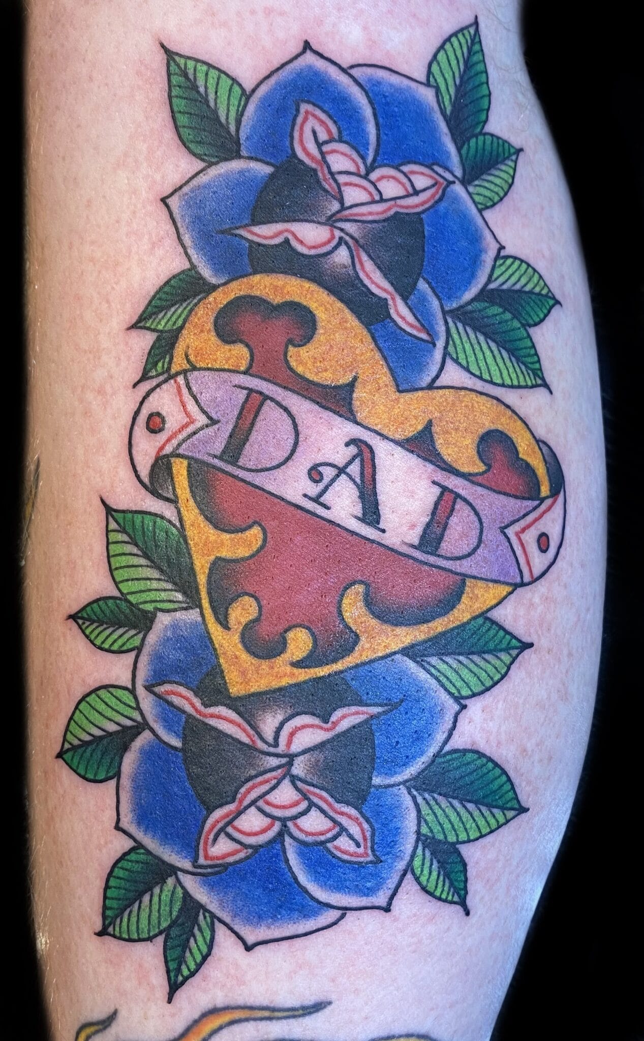 traditional dad heart and flower tattoo