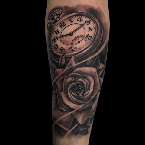 realistic pocketwatch rose tattoo