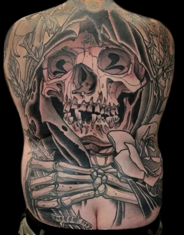 Large grim reaper back piece tattoo