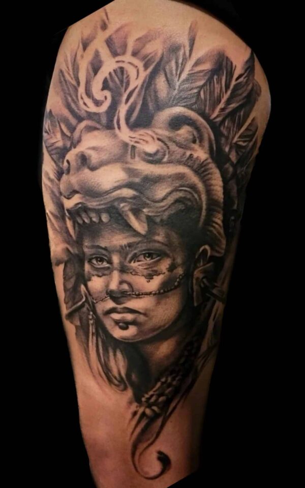 Realistic Aztec woman tattoo portrait