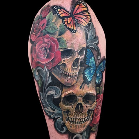 realistic skull and butterfly tattoos