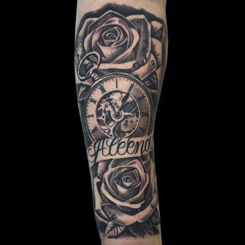 pocketwatch and rose tattoo