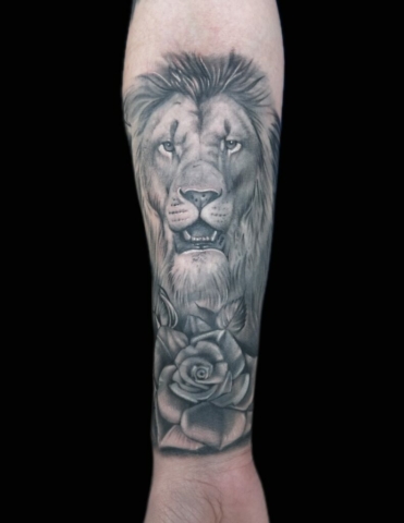 black and grey photorealistic lion tattoo