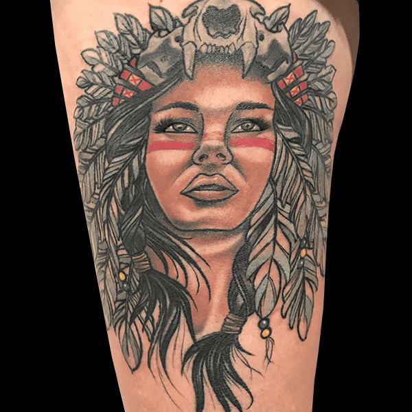 native woman and headdress tattoo