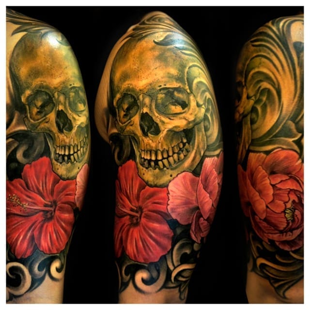 skull and flower tattoo