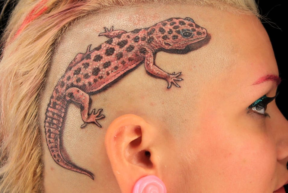 gecko on head tattoo