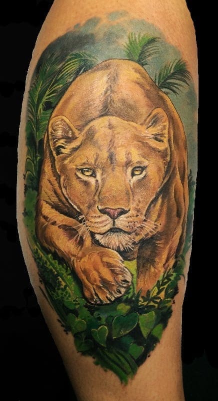 realistic lioness tattoo