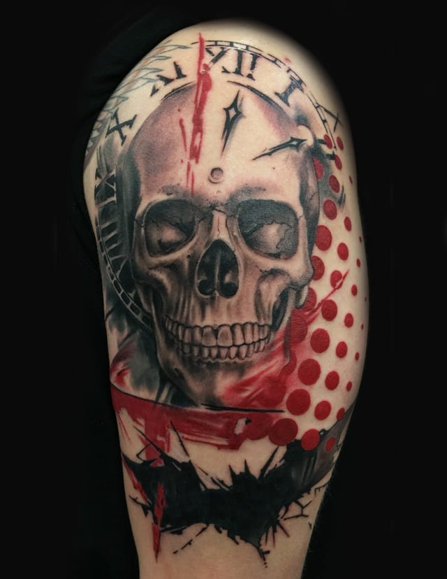 trash polka skull tattoo
