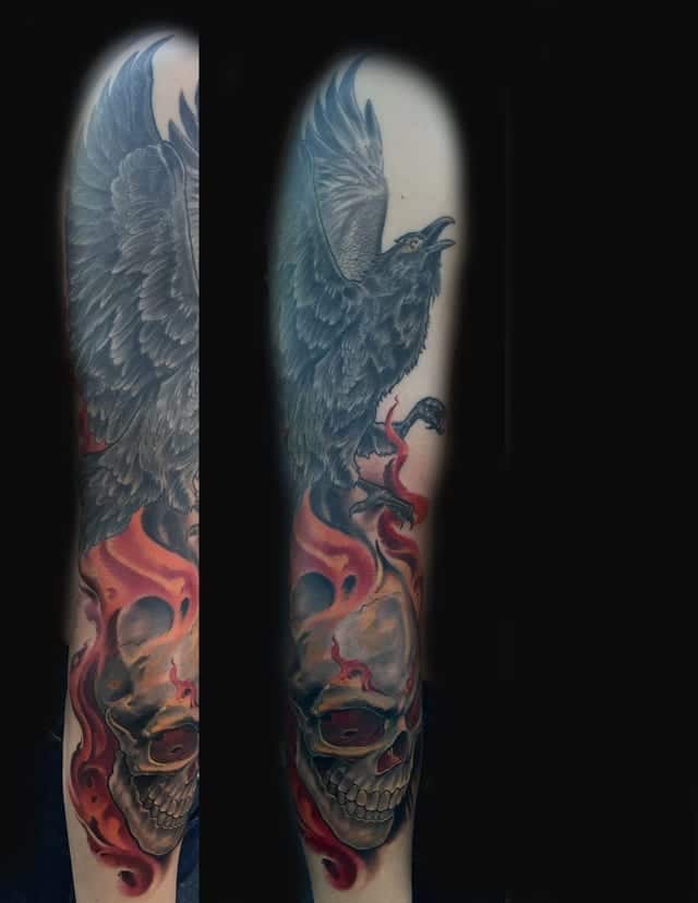 realistic bird and skull tattoo