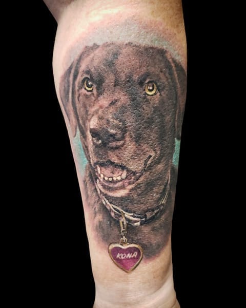 realistic color dog portrait tattoo