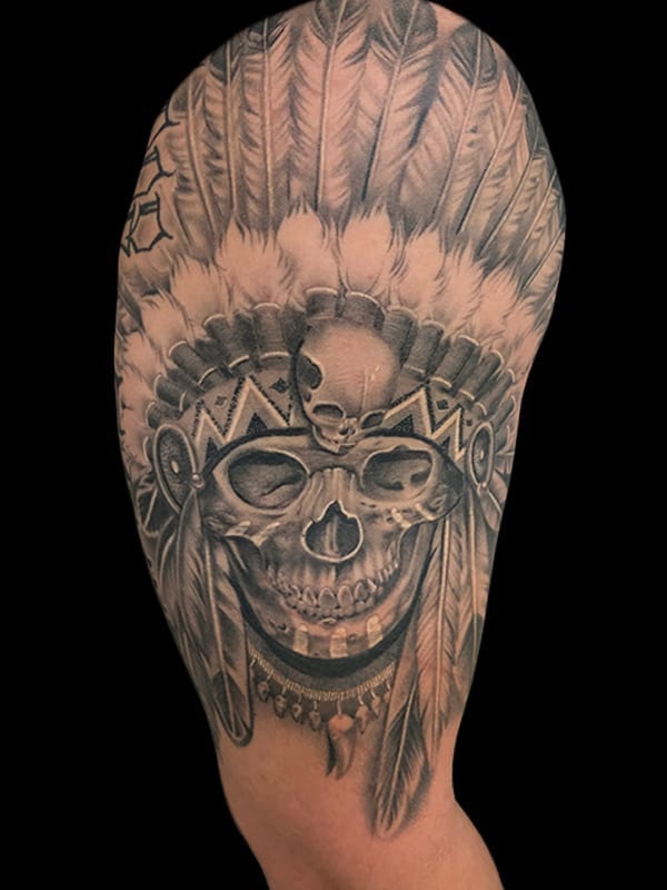realistic skull headdress tattoo, Elijah Nguyen, Artist at Revolt Tattoos