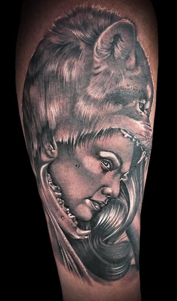 wolf and woman portrait tattoo, Elijah Nguyen, Artist at Revolt Tattoos