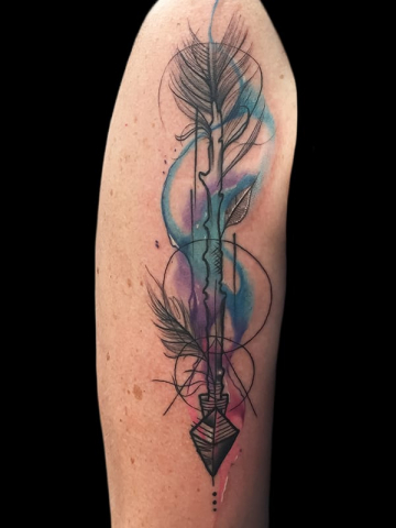 watercolor arrow tattoo, Elijah Nguyen, Artist at Revolt Tattoos