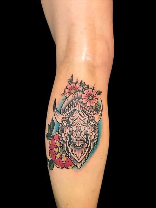 neotraditional buffalo tattoo, Elijah Nguyen, Artist at Revolt Tattoos
