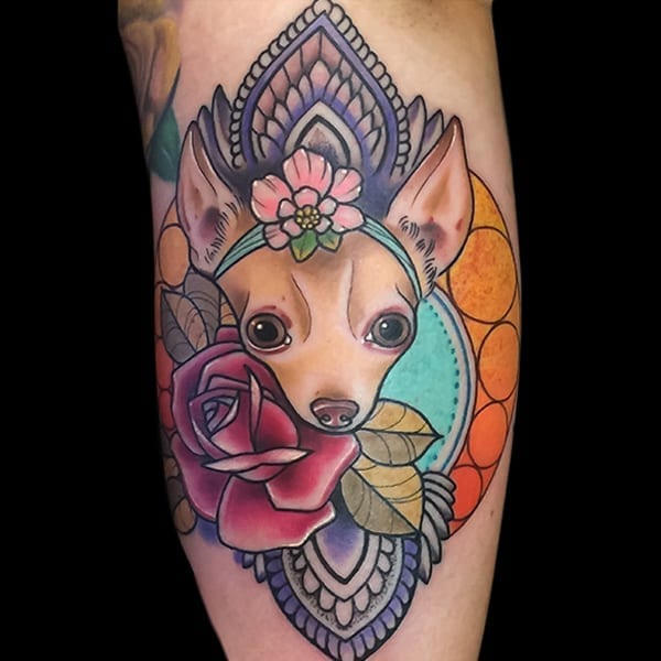 dog portrait mandala tattoo, Elijah Nguyen, Artist at Revolt Tattoos