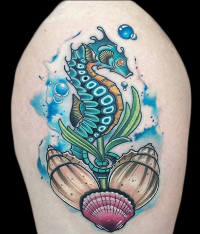 seahorse tattoo, Elijah Nguyen, Artist at Revolt Tattoos