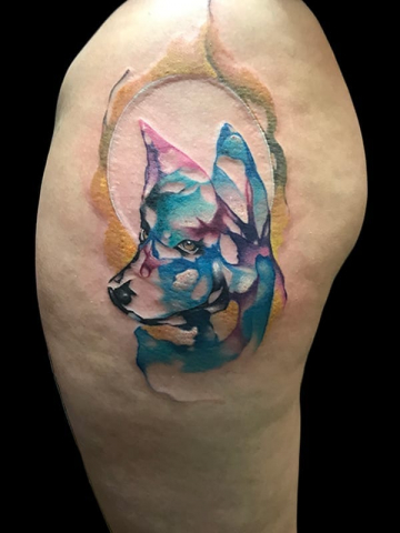 watercolor wolf tattoo, Elijah Nguyen, Artist at Revolt Tattoos