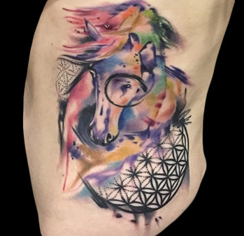 watercolor horse, geometric tattoo, Elijah Nguyen, Artist at Revolt Tattoos
