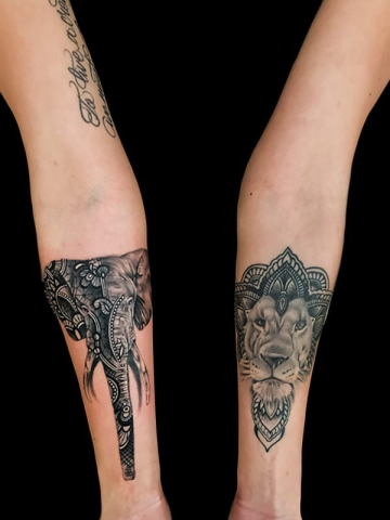 elephant and lion mandala tattoos, Elijah Nguyen, Artist at Revolt Tattoos