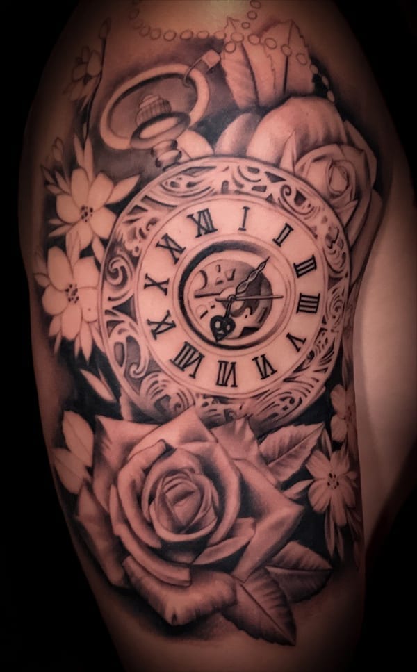 flowers and pocket watch tattoo, Elijah Nguyen, Artist at Revolt Tattoos