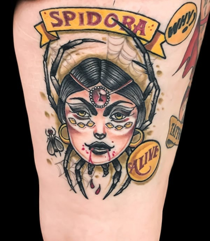 spider girl tattoo, Elijah Nguyen, Artist at Revolt Tattoos