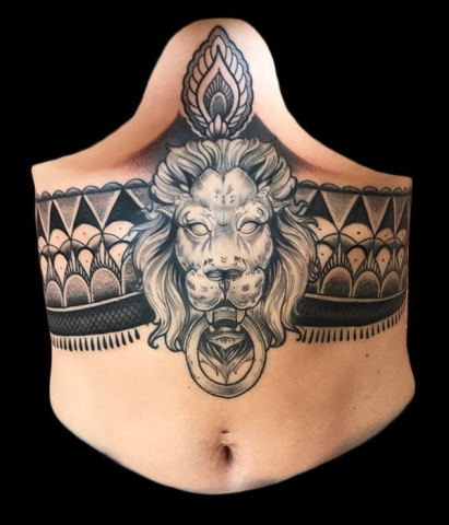 lion stomach piece, Elijah Nguyen, Artist at Revolt Tattoos