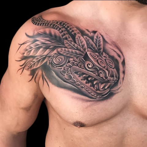 aztec chest tattoo, Elijah Nguyen, Artist at Revolt Tattoos