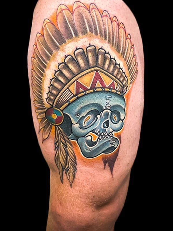 skull and headdress tattoo, Elijah Nguyen, Artist at Revolt Tattoos