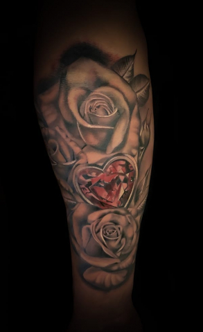 flower and gem tattoo, Elijah Nguyen, Artist at Revolt Tattoos