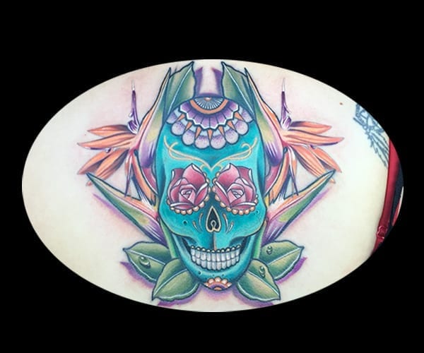 skull and flower tattoo, Elijah Nguyen, Artist at Revolt Tattoos