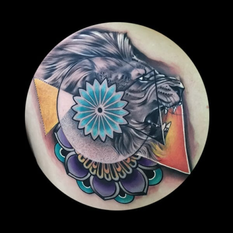 lion geometric tattoo, Elijah Nguyen, Artist at Revolt Tattoos