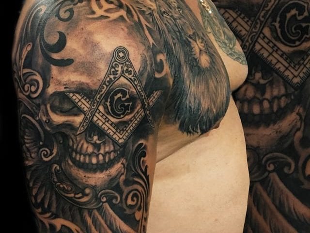 skull masonry tattoo sleeve