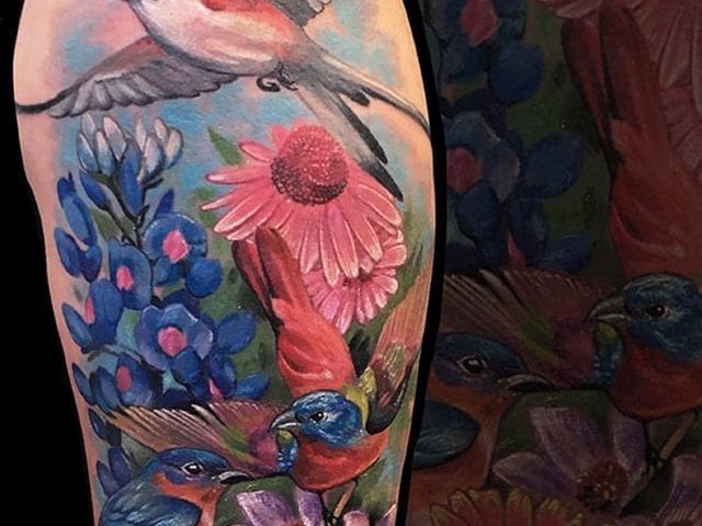 realistic hummingbird flower tattoo