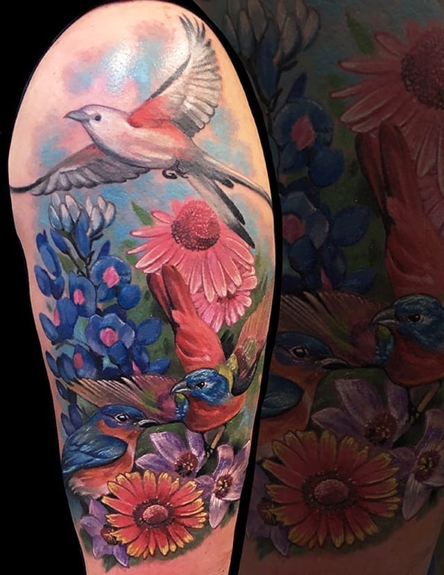 realistic hummingbird flower tattoo