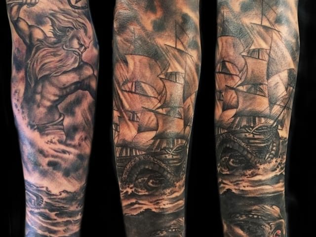 poseidon, kraken and ship tattoo