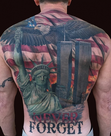9/11 never forget twin towers memorial backpiece tattoo