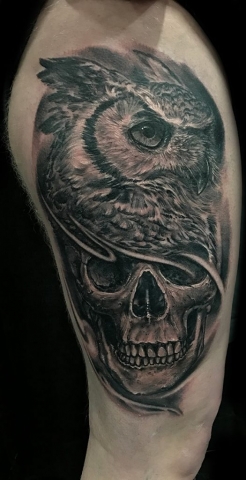 realistic skull owl tattoo