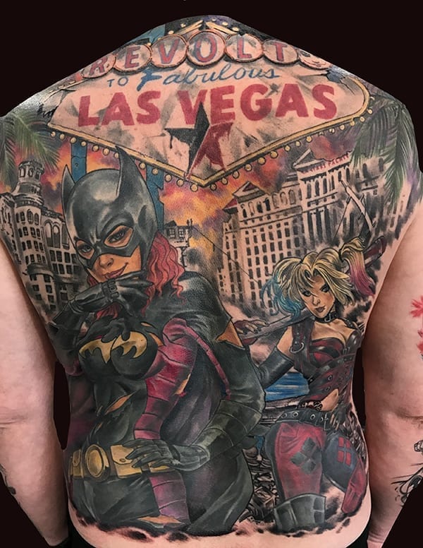 las vegas batman and harley quinn backpiece tattoo