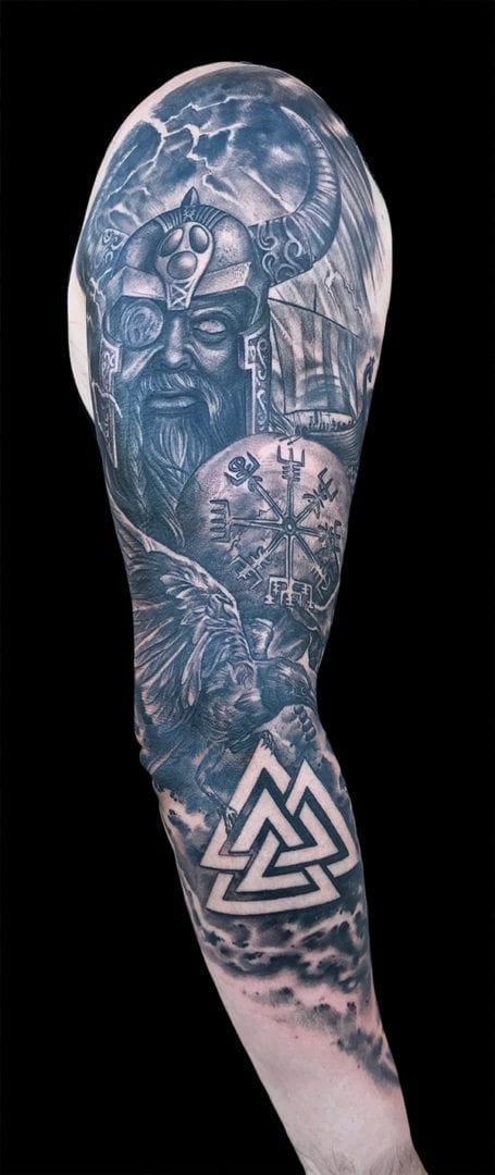nordic realistic viking sleeve tattoo