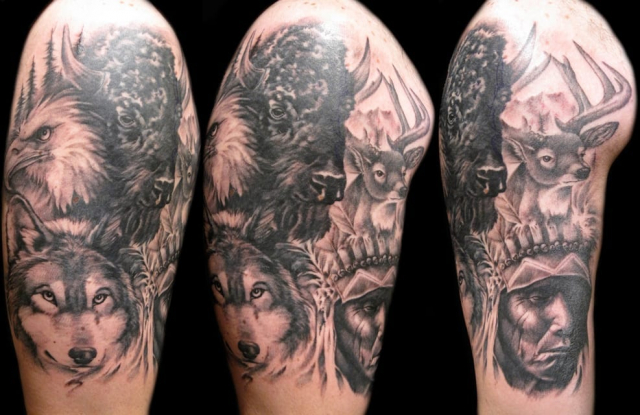 buffalo deer wolf native man portrait tattoo
