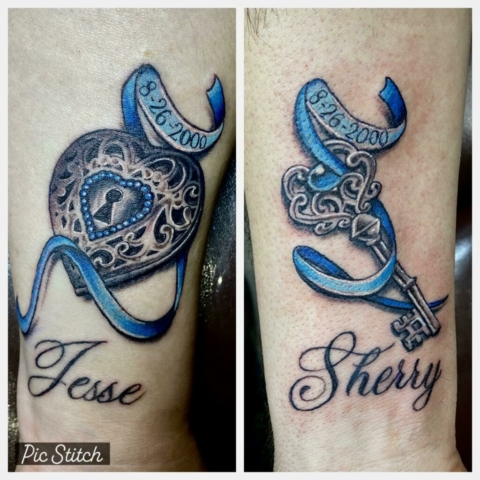 matching his and hers keys tattoos, Tattoo by Krystof, Artist at Revolt Tattoos