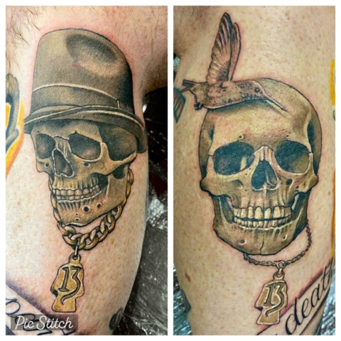 matching skull tattoos, his and hers, toned, Tattoo by Krystof, Artist at Revolt Tattoos