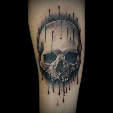 realistic skull, dripping, Tattoo by Krystof, Artist at Revolt Tattoos