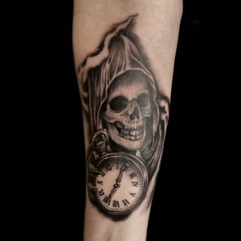 black and grey reaper tattoo, Tattoo by Krystof, Artist at Revolt Tattoos