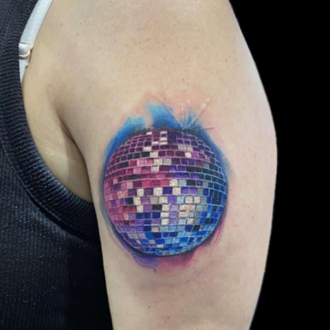 realistic disco ball tattoo, Tattoo by Krystof, Artist at Revolt Tattoos