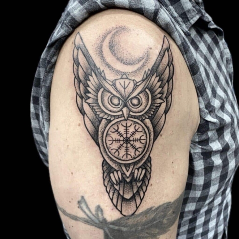 nordic owl tattoo, Tattoo by Krystof, Artist at Revolt Tattoos