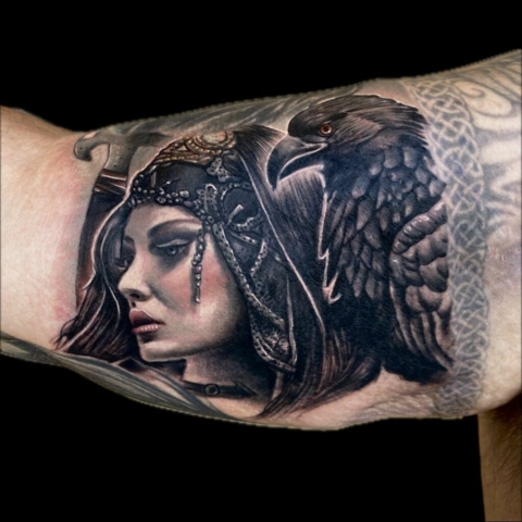 black and grey portrait and raven, Tattoo by Krystof, Artist at Revolt Tattoos