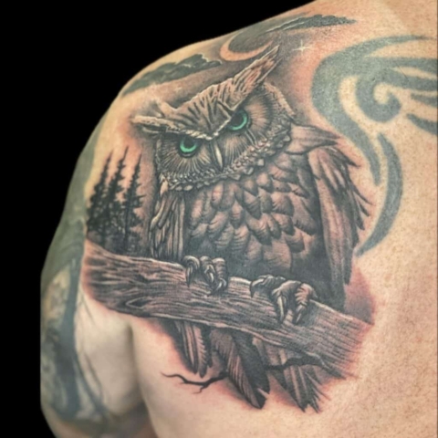 photorealistic owl tattoo, Tattoo by Krystof, Artist at Revolt Tattoos