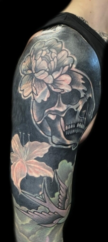 peony and skull tattoo